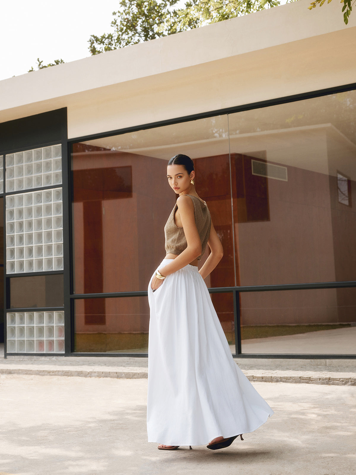 Geplooide maxi Fit & Flare rok van luchtige katoen-linnen stof