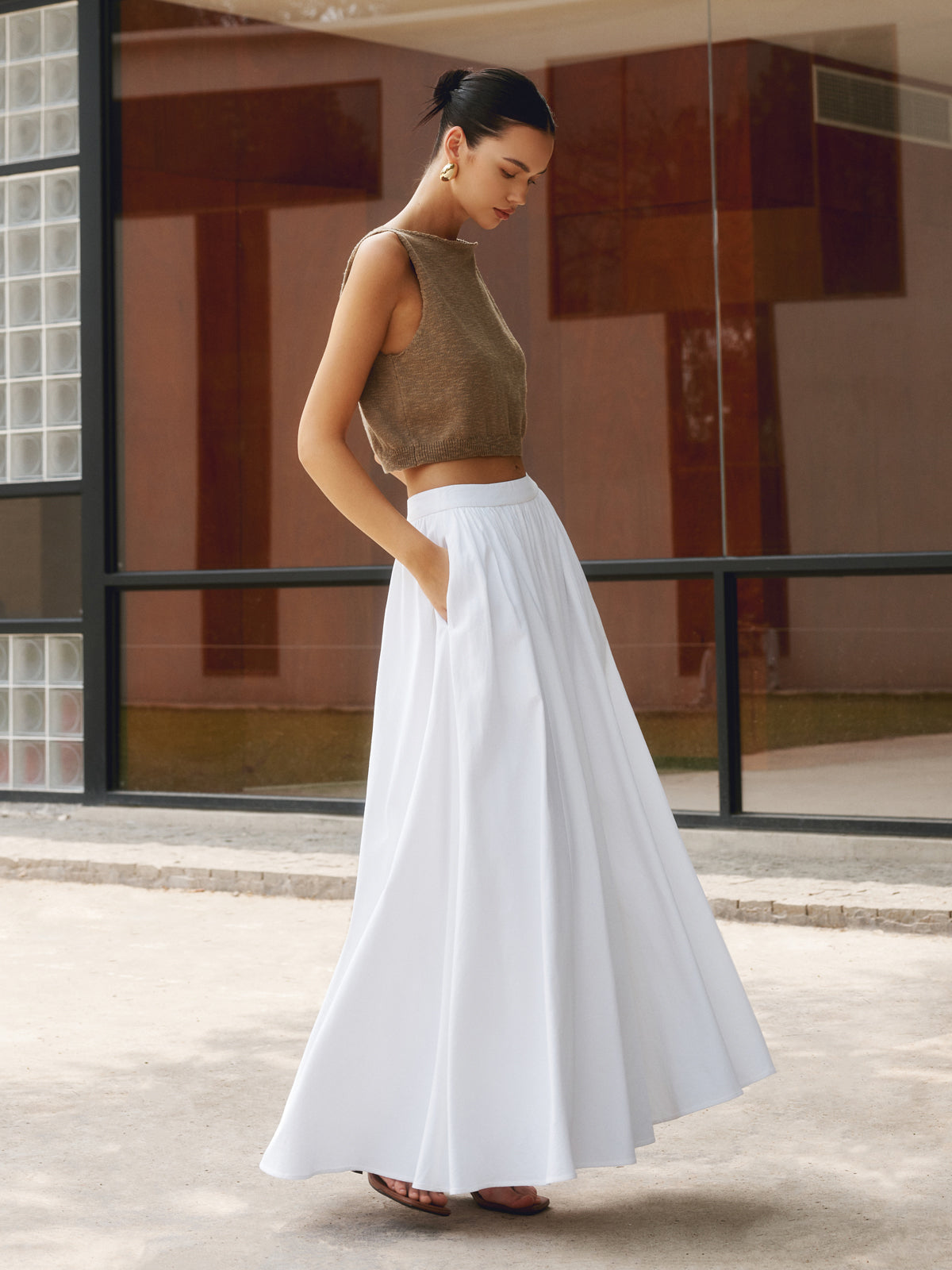 Geplooide maxi Fit & Flare rok van luchtige katoen-linnen stof