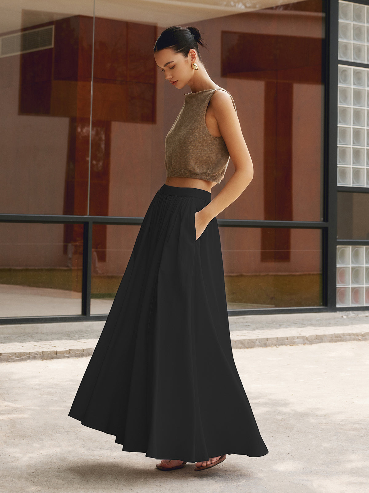 Geplooide maxi Fit & Flare rok van luchtige katoen-linnen stof