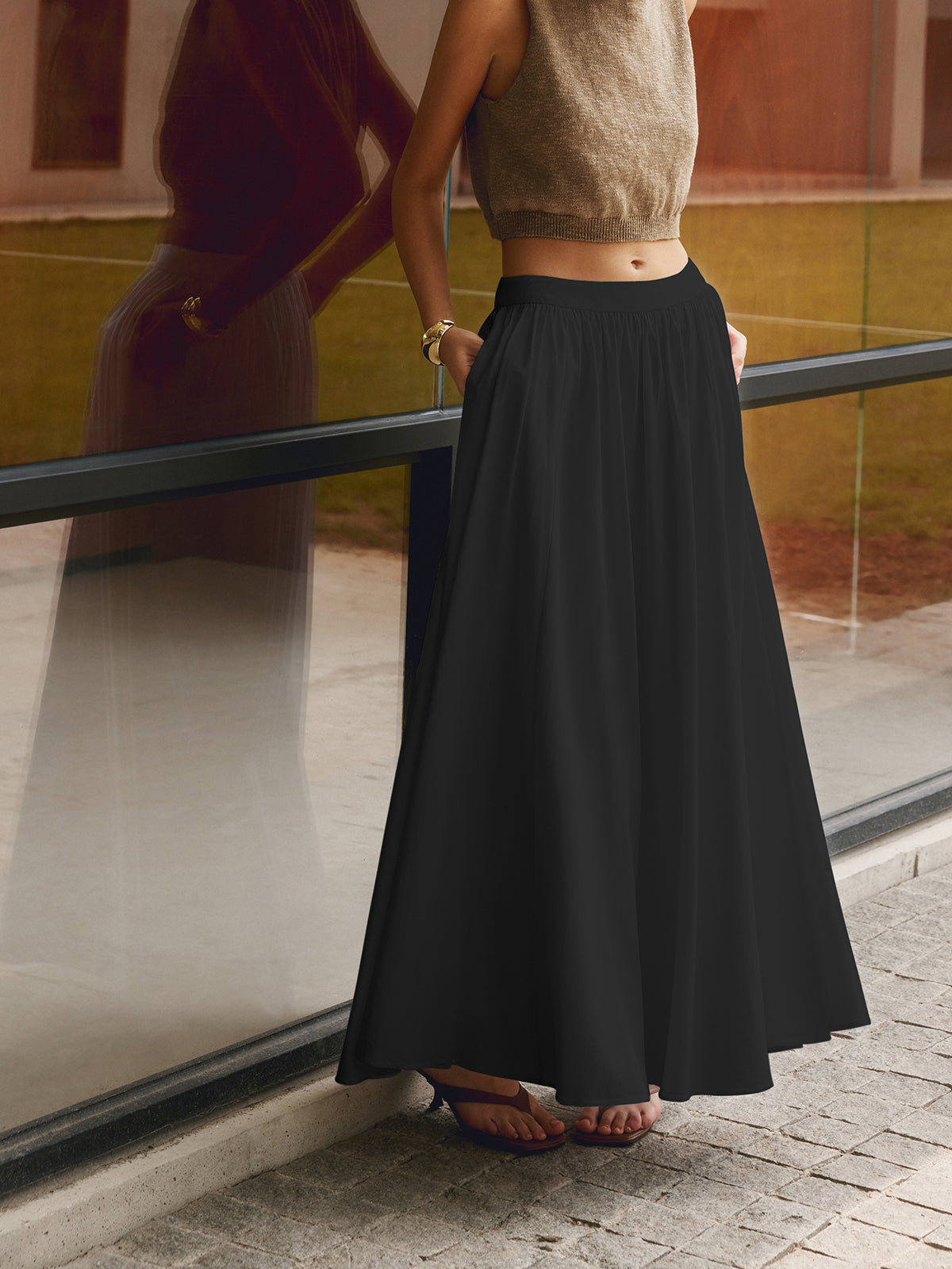 Geplooide maxi Fit & Flare rok van luchtige katoen-linnen stof