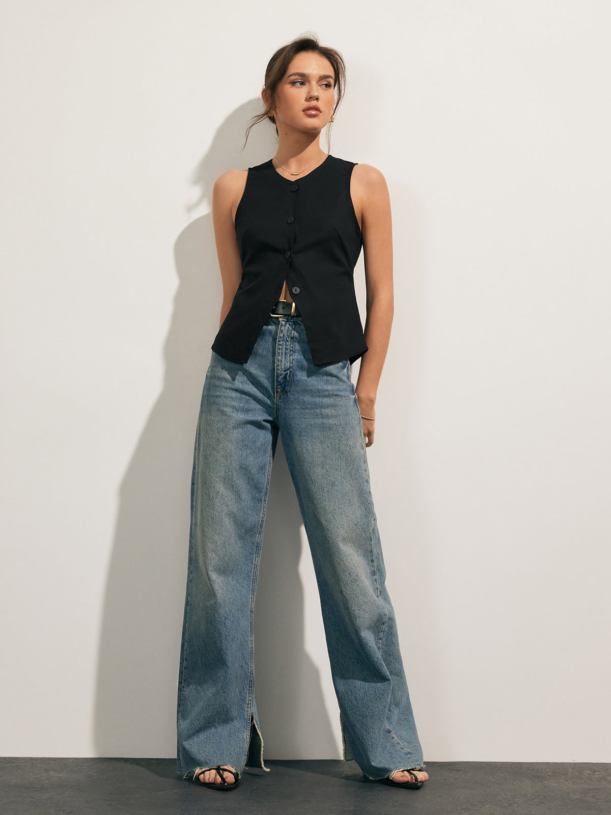 Linnen Blend Tanktop met Knoopsluiting