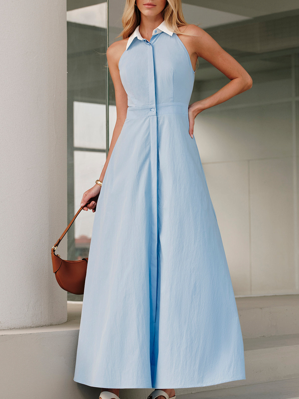 Maxi jurk mouwloos met kraag knoopsluiting zomer elegant casual modern