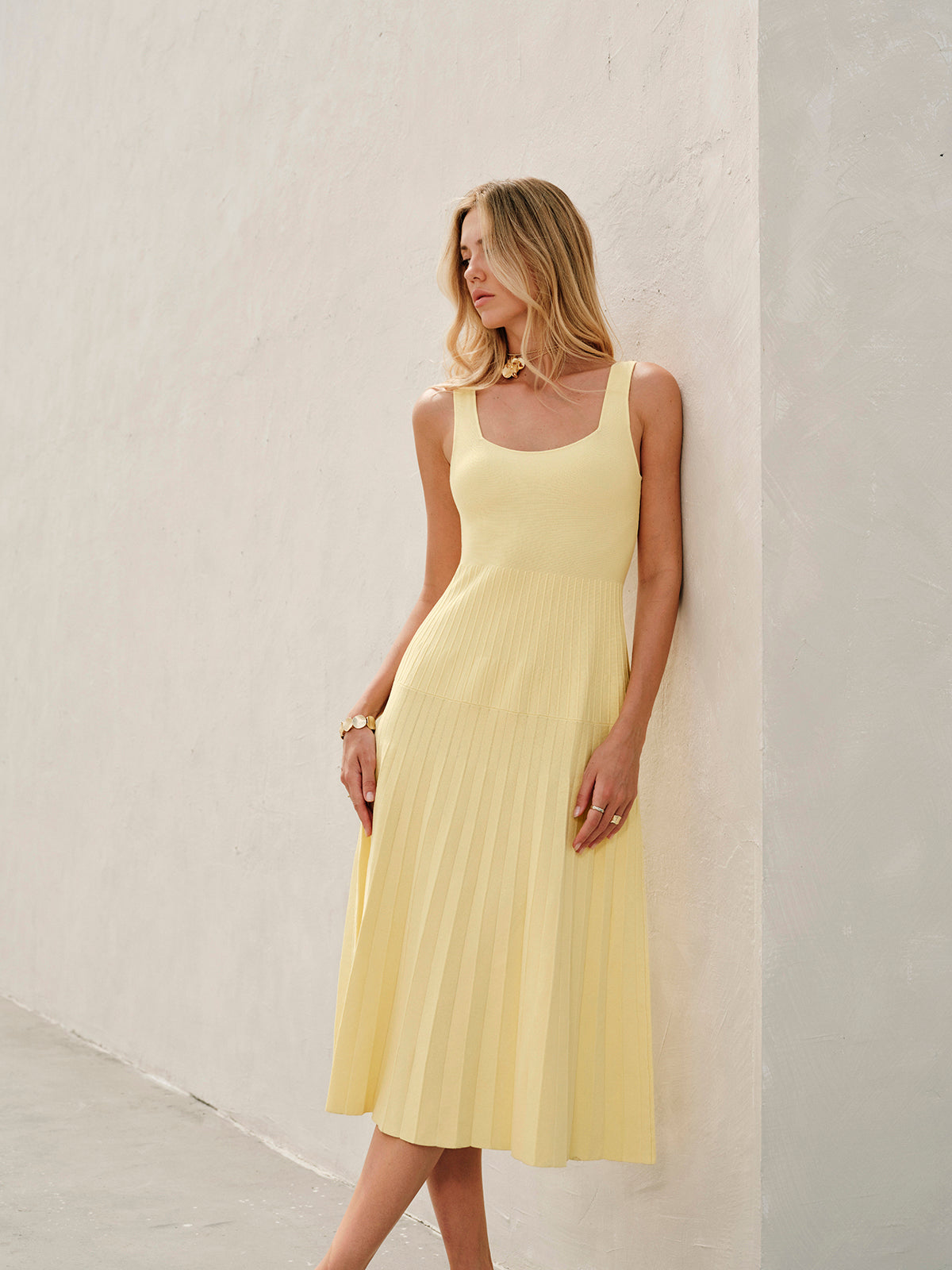 Geribde Gebreide Jurk met Square Neck