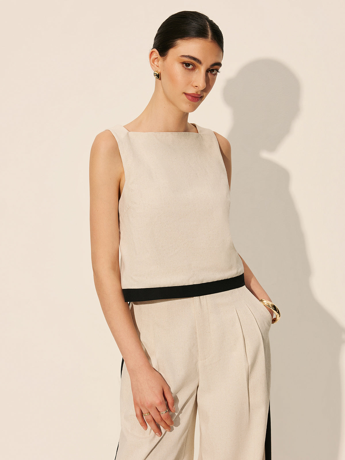 Contrasterende gestreepte broekset van linnen en katoen met rits