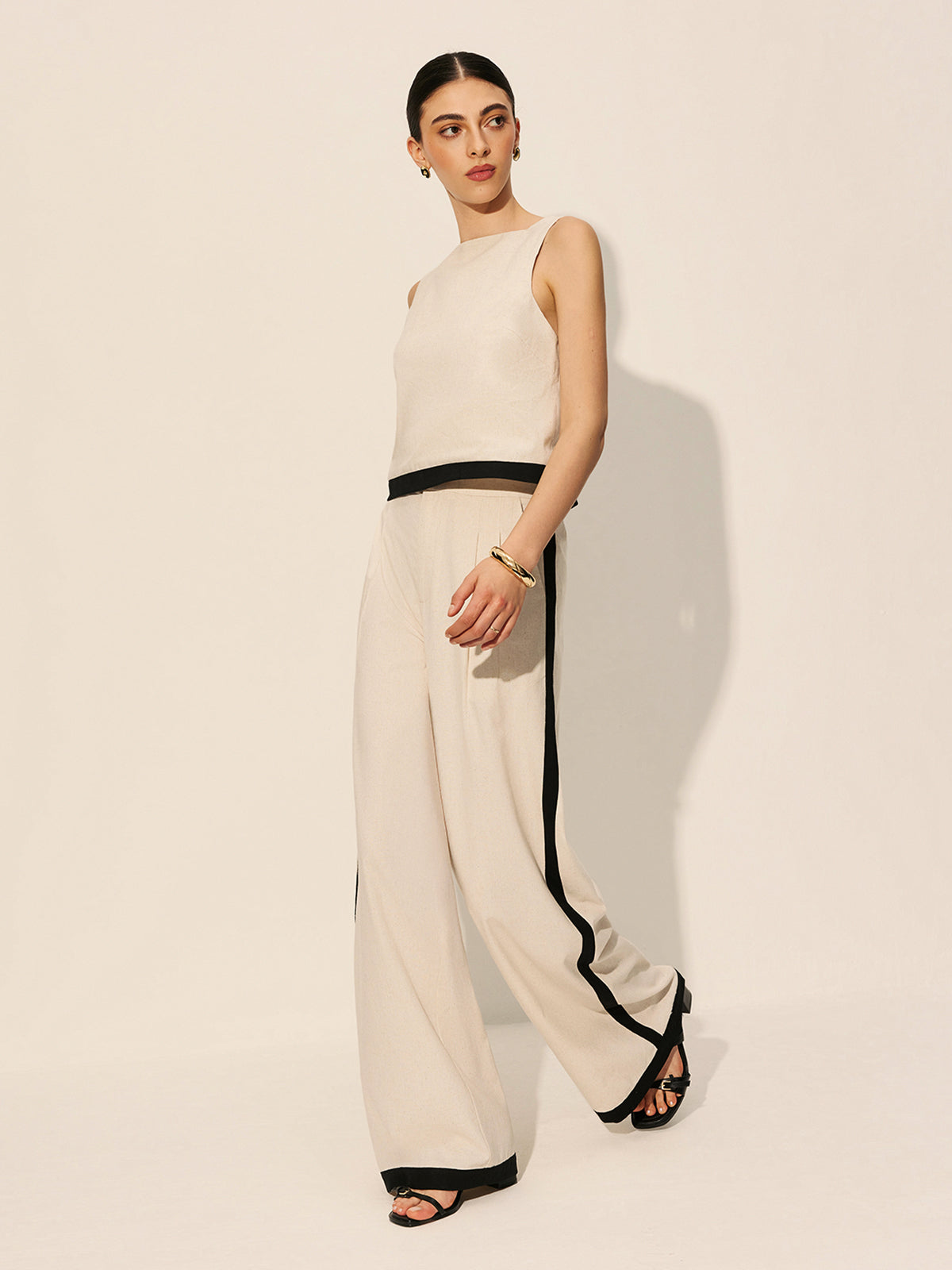 Contrasterende gestreepte broekset van linnen en katoen met rits