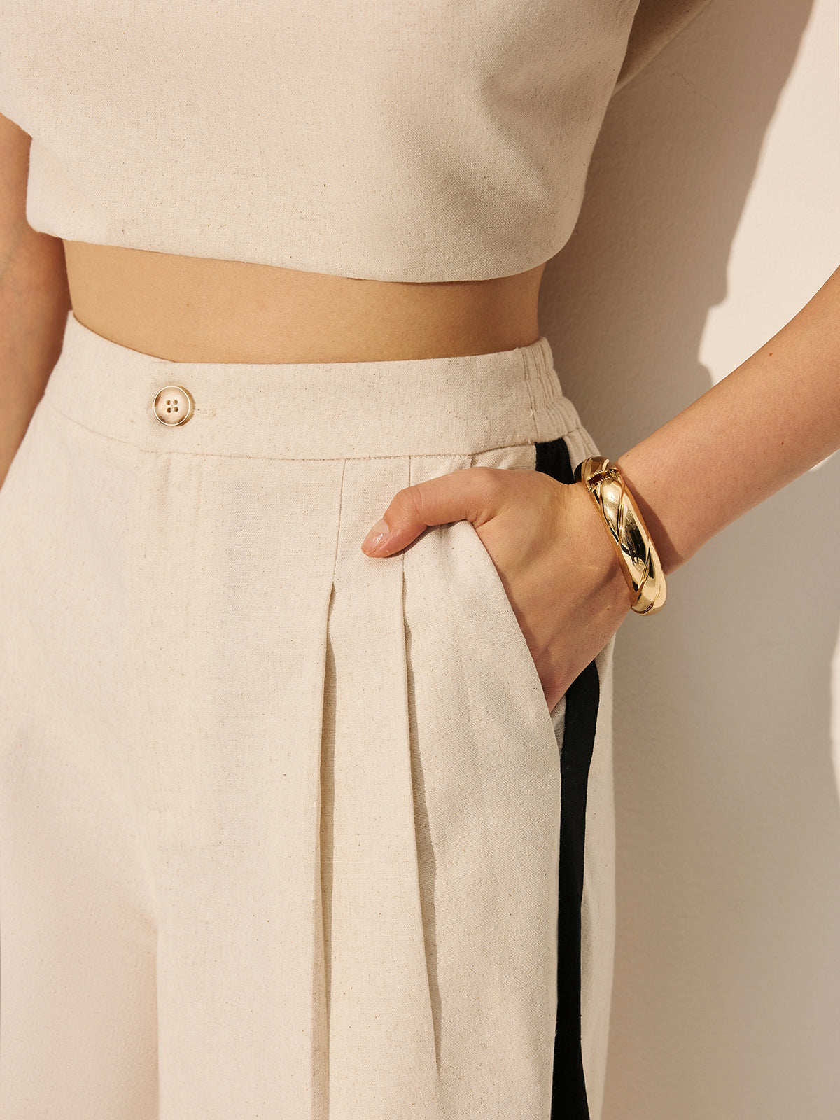 Contrasterende gestreepte broekset van linnen en katoen met rits