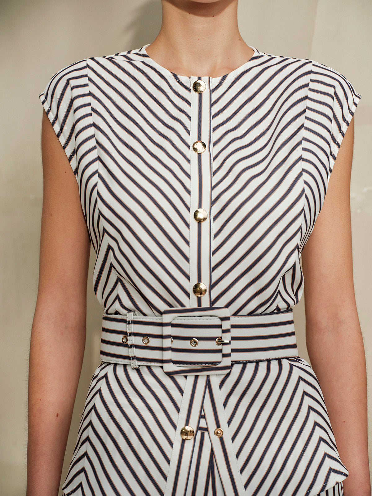 Shirt Top met metallic gestreepte ronde hals riem Geweven