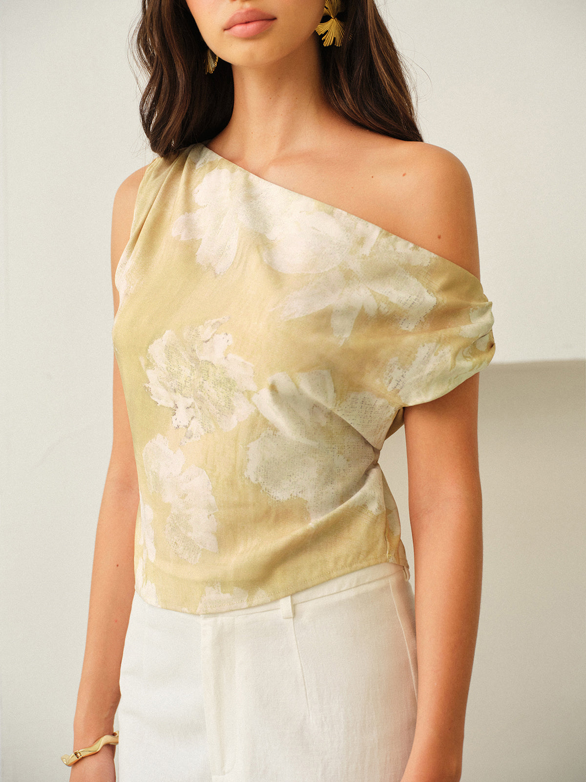 One-Shoulder Satijnen Top met Bloemenprint