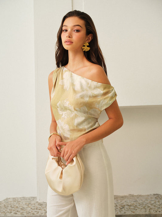 One-Shoulder Satijnen Top met Bloemenprint