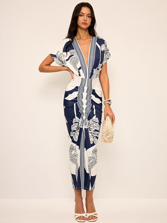 Navy Orchid Midi Jurk met Diepe Halslijn