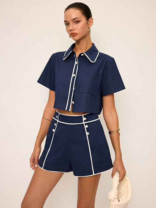 Contrasterend Piping Crop Shirt & Shorts Set