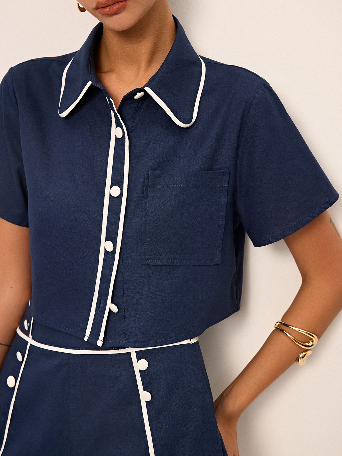 Contrasterend Piping Crop Shirt & Shorts Set