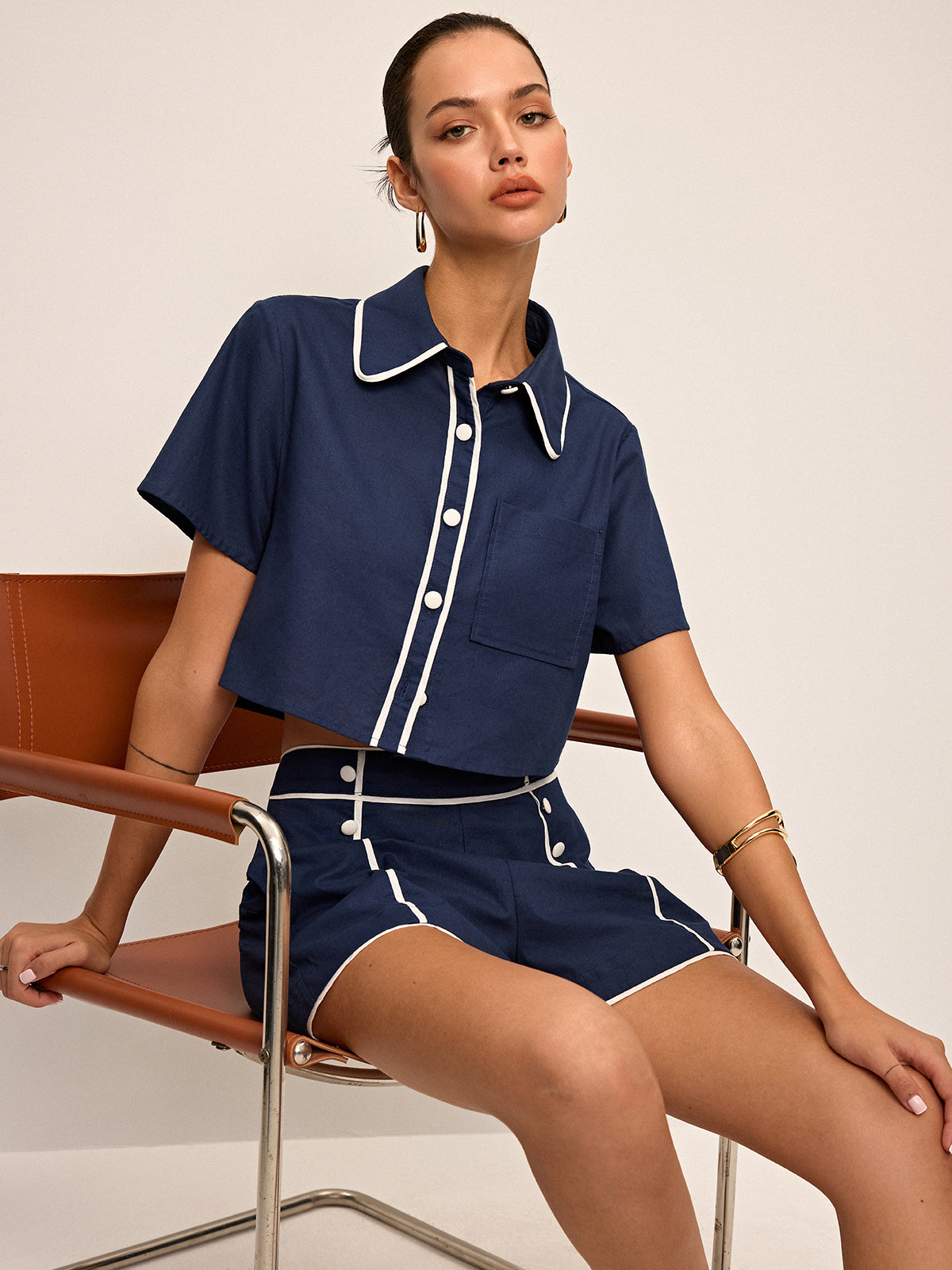 Contrasterend Piping Crop Shirt & Shorts Set