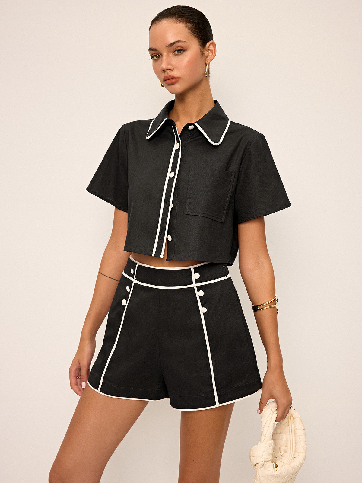 Contrasterend Piping Crop Shirt & Shorts Set